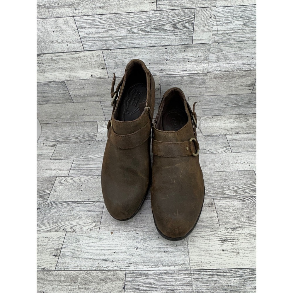 Born Brown Leather Ankle Boots Women Sz US 9.5 EU 41 Buckle Side Zip Block Heel